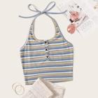 Romwe Colorful Striped Half Button Halter Top