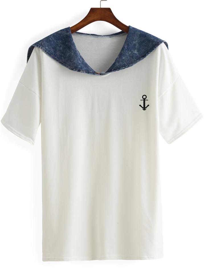 Romwe Contrast Collar Anchor Print T-shirt