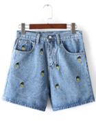Romwe Blue Pockets Pineapple Embroidery Denim Shorts