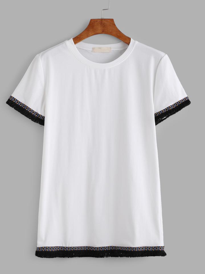 Romwe White Embroidered Tape Detail Fringe Hem T-shirt