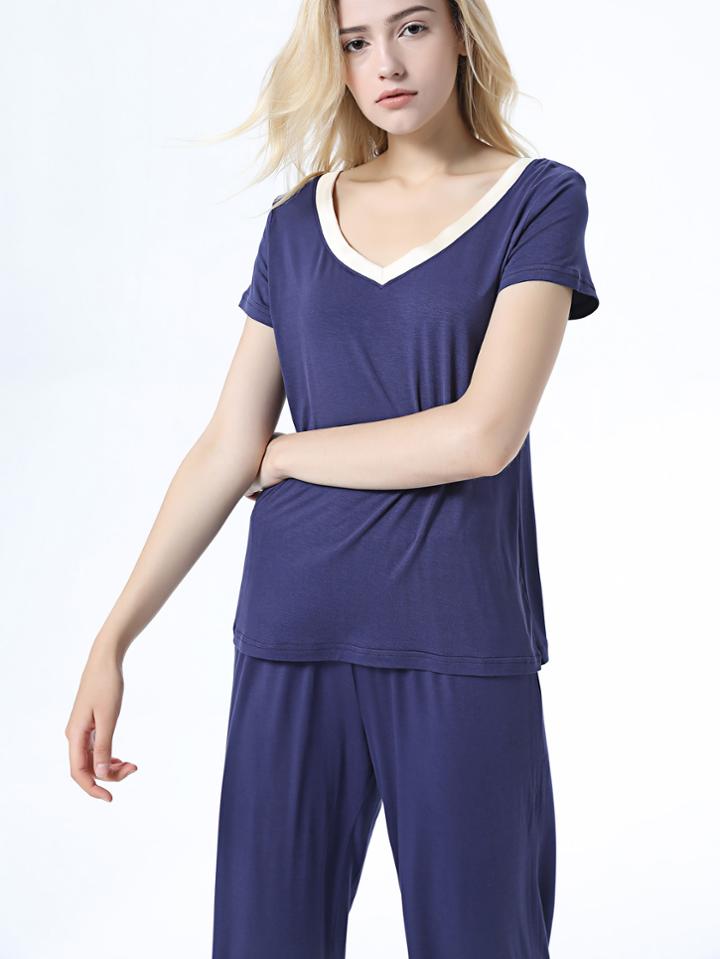 Romwe Contrast Trim V-neckline Tee & Pants Pj Set