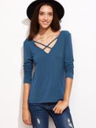 Romwe Blue Criss Cross V Neck T-shirt