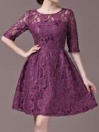 Romwe Elbow Sleeve Lace A-line Purple Dress