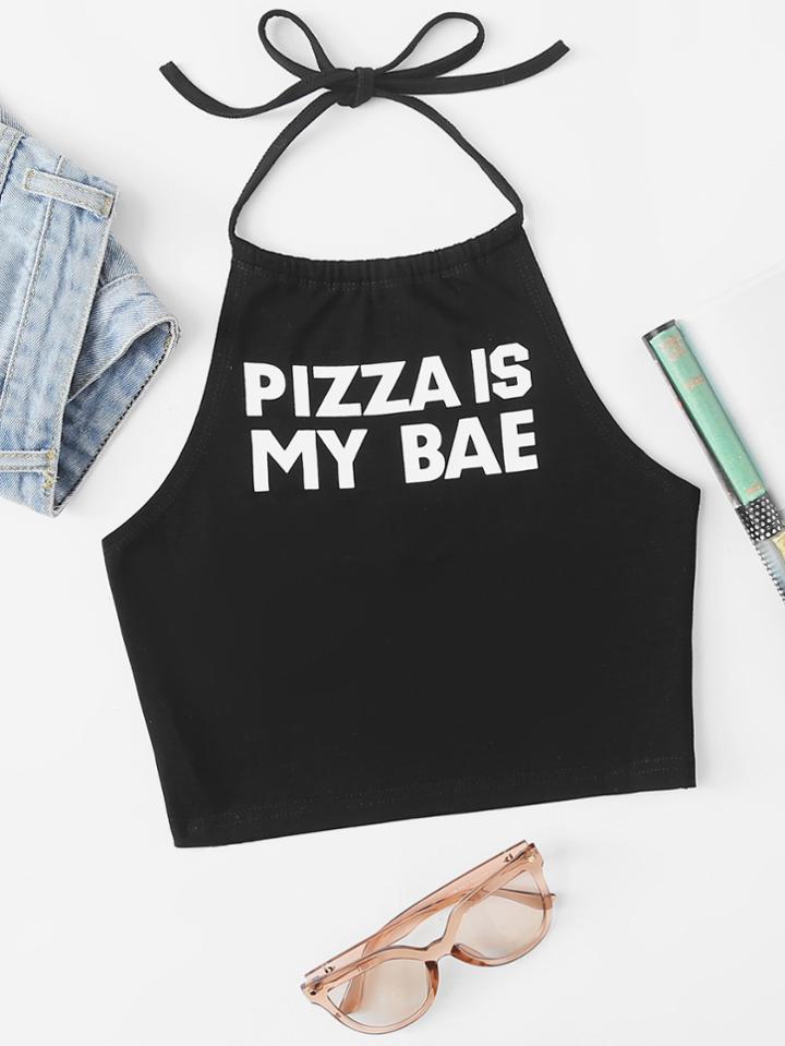 Romwe Slogan Print Halter Top