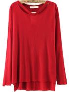 Romwe Long Sleeve Dip Hem Red T-shirt