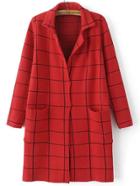 Romwe Red Grid Notch Lapel Hidden Placket Sweater Coat