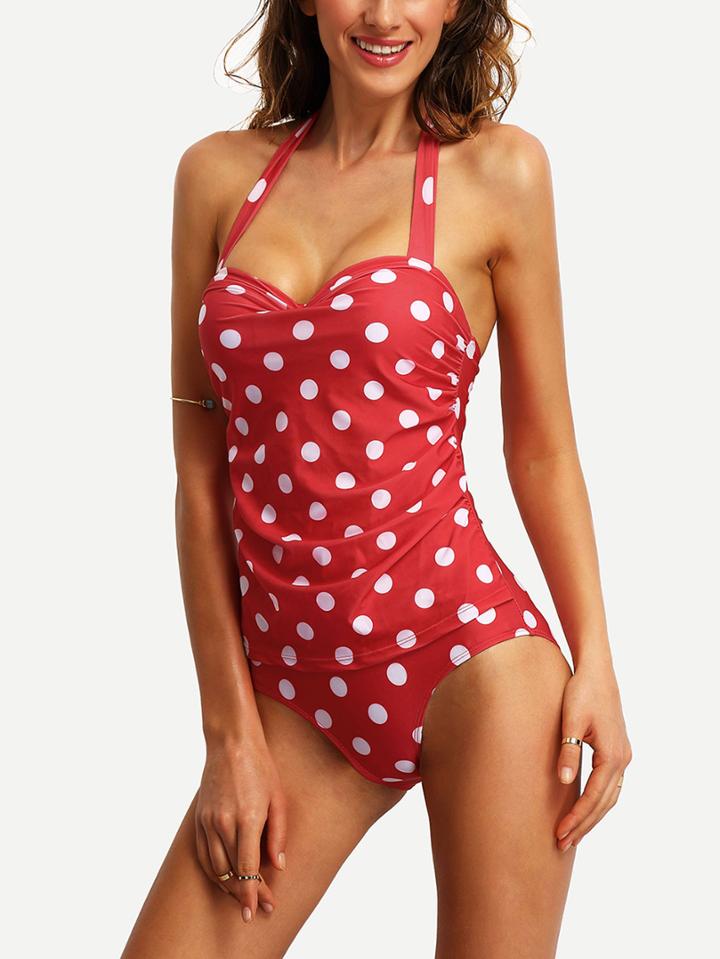 Romwe Halter Polka Dot Print One-piece Swimwear