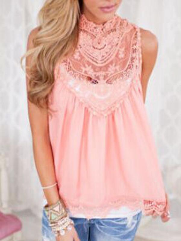 Romwe Pink Crochet Trim High Neck Top