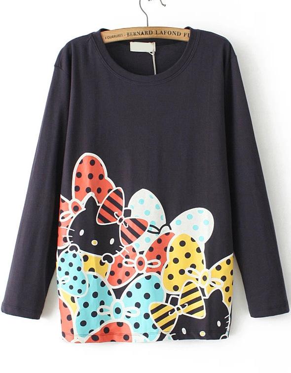 Romwe Hello Kitty Print Navy T-shirt
