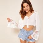 Romwe Tie Fringe Lace Insert Crop Top