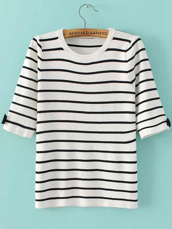 Romwe White Striped Elbow Sleeve Bow Knitwear