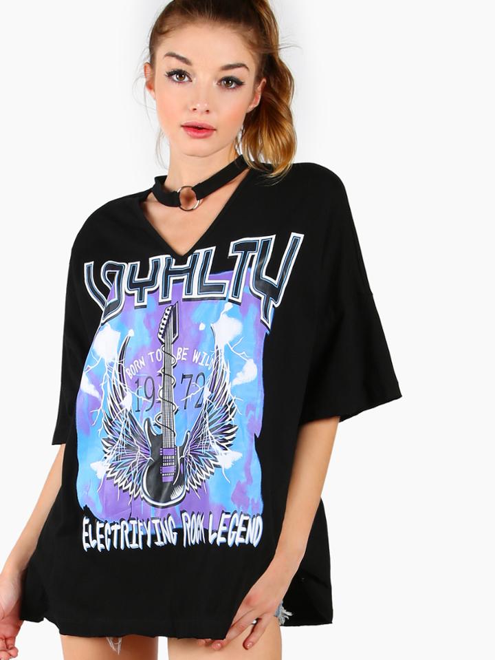 Romwe Black Choker Neck Drop Shoulder Oversized T-shirt