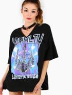 Romwe Black Choker Neck Drop Shoulder Oversized T-shirt