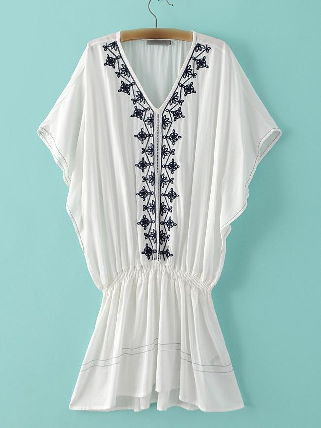 Romwe White V Neck Embroidery Elastic Waist Dress