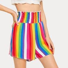 Romwe Rainbow Stripe Shirred Waist Shorts