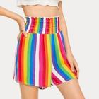 Romwe Rainbow Stripe Shirred Waist Shorts
