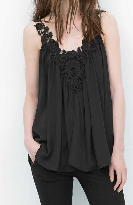 Romwe Floral Crochet Hollow Black Tank Top