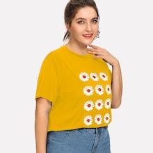 Romwe Plus Daisy Print T-shirt