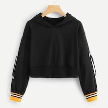 Romwe Ribbon Tape Detail Hooded Sweatshirt