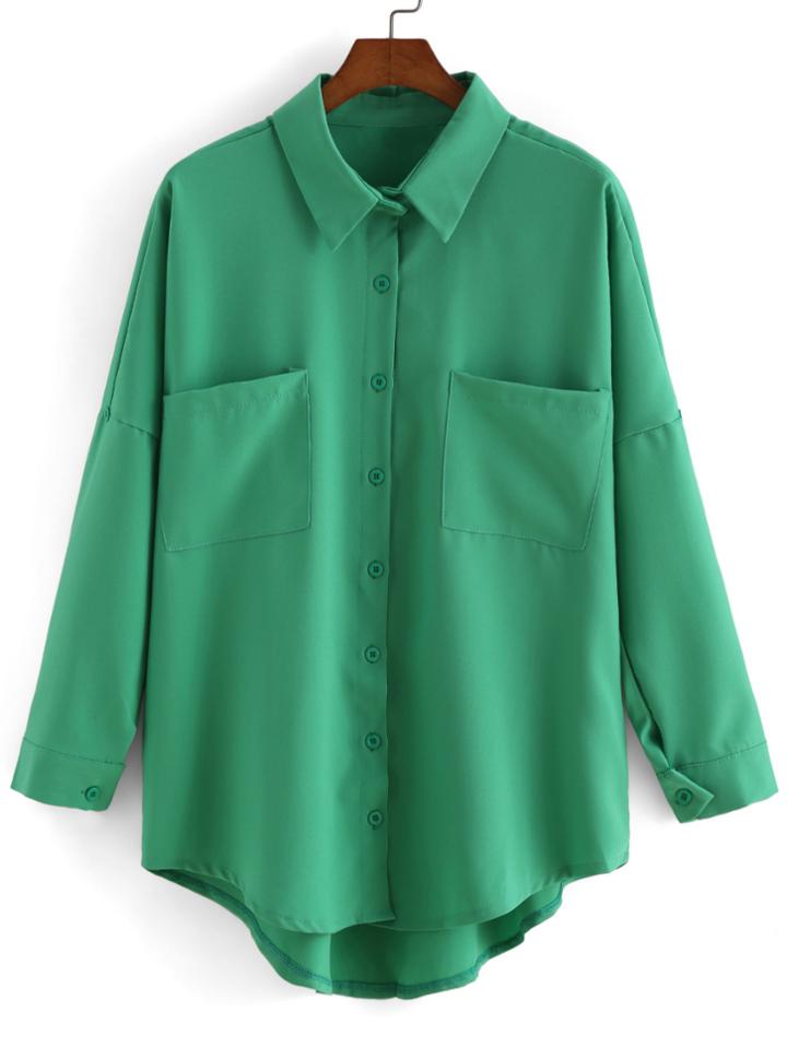 Romwe Dip Hem Lapel With Pockets Green Blouse