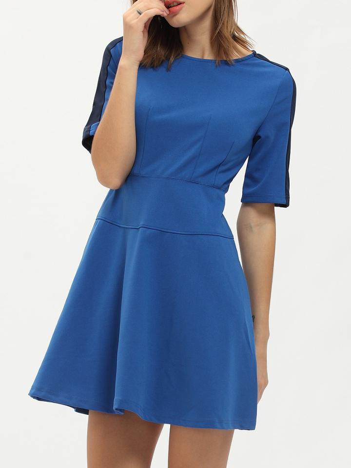 Romwe Blue Crew Neck A Line Dress