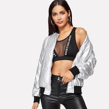 Romwe Zip Up Metallic Bomber Padded Coat