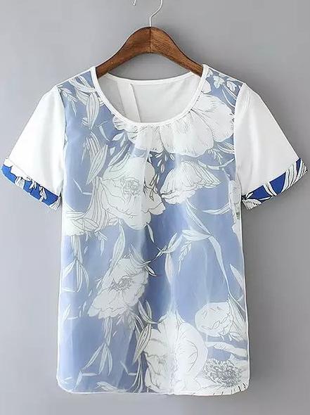 Romwe White Short Sleeve Floral Sheer Mesh Blouse