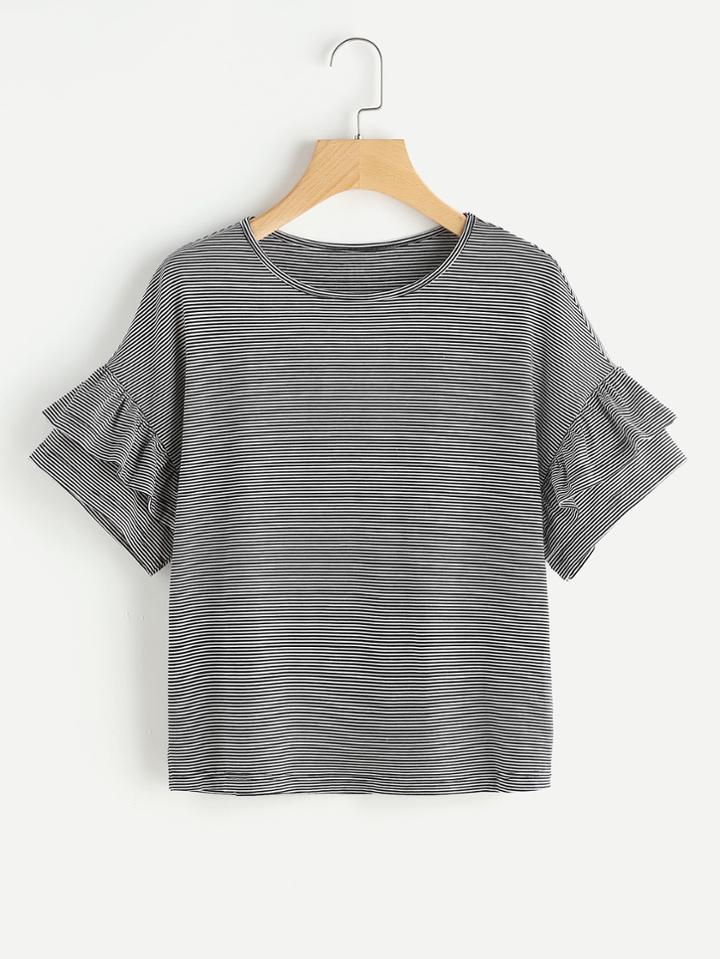Romwe Frill Trim Striped Tee