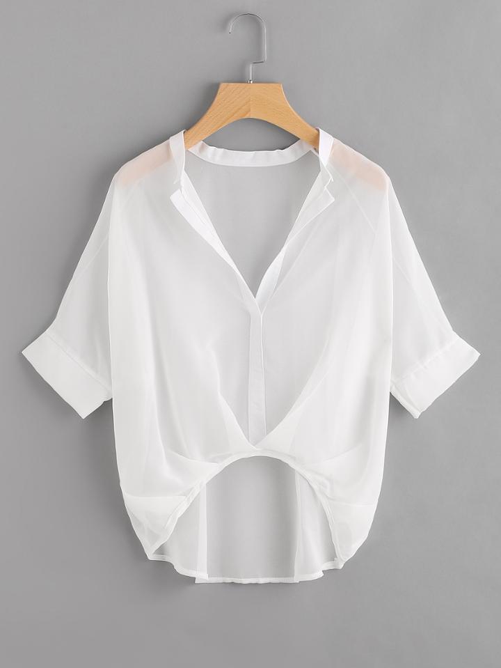 Romwe Raglan Sleeve Dip Hem Chiffon Blouse