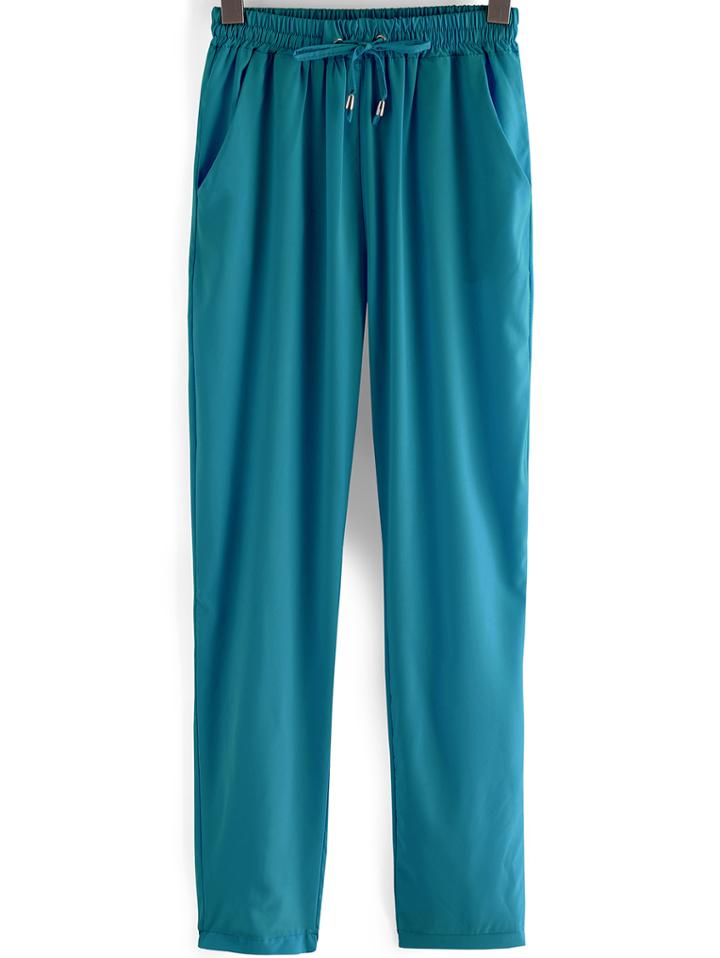 Romwe Green Elastic Drawstring Waist Loose Pant