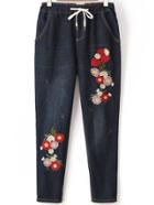 Romwe Flower Embroidery Drawstring Waist Jeans