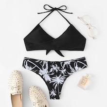 Romwe Tropical Pattern Self Tie Top With Match Bikini