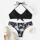 Romwe Tropical Pattern Self Tie Top With Match Bikini