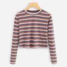 Romwe Striped Rib Knit Crop Tee