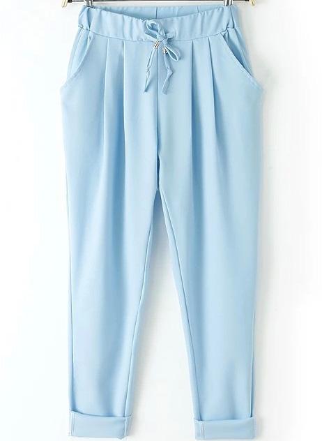 Romwe Drawstring Waist Pockets Light Blue Pant