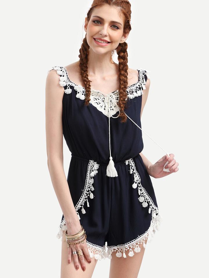 Romwe Navy Crochet Trimmed Wrap Romper