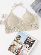 Romwe Hollow Crochet Halter Crop Top