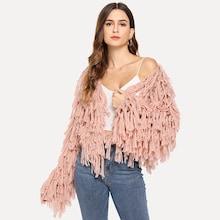 Romwe Open Knit Fuzzy Fringe Cardigan