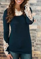 Romwe Navy Scoop Neck Lace Long Sleeve Slim Blouse