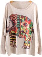 Romwe Beige Long Sleeve Elephants Print Knit Sweater