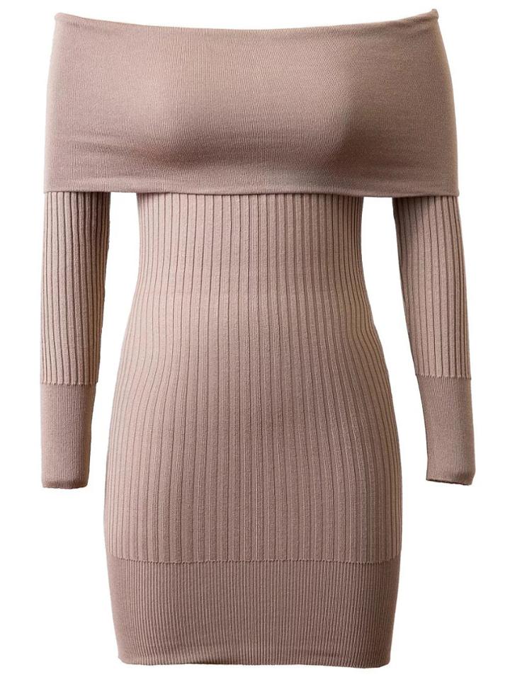 Romwe Light Khaki Ribbed Off The Shoulder Knit Bodycon Dress