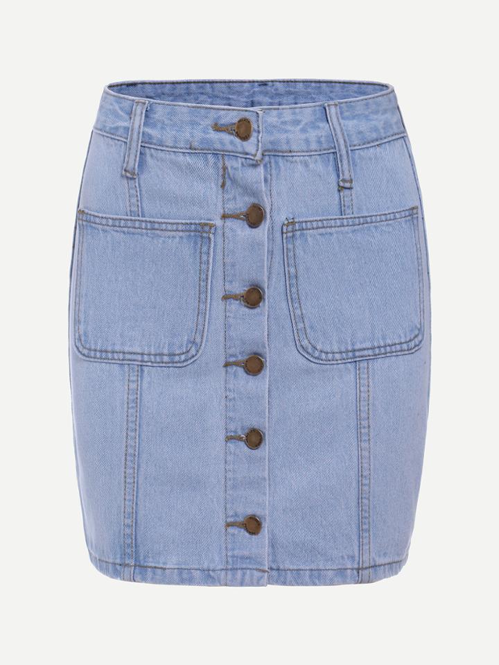 Romwe Blue Single Breasted Dual Pocket Denim Skirt
