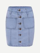 Romwe Blue Single Breasted Dual Pocket Denim Skirt
