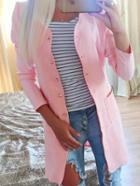 Romwe Round Neck Buttons Pockets Long Pink Coat