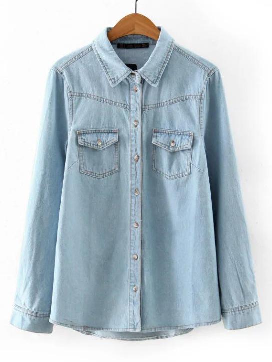 Romwe Blue Lapel Buttons Pockets Denim Blouse