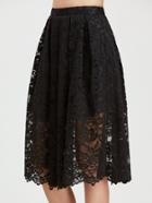 Romwe Black Floral Lace Overlay Box Pleated Skirt
