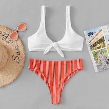 Romwe Mix And Match Striped Knot Front Bikini Set