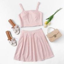 Romwe Plaid Pleated Cami Top With Skirt
