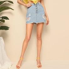 Romwe Button Fly Ripped Detail Raw Hem Denim Skirt