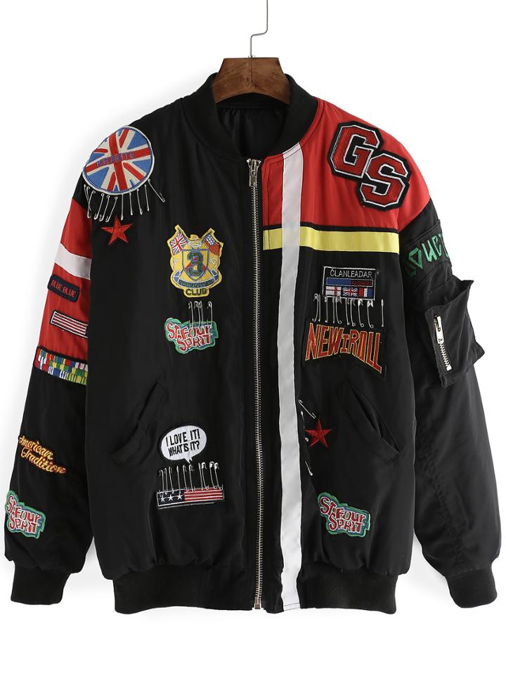 Romwe Color-block Badges Patch Zipper Jacket
